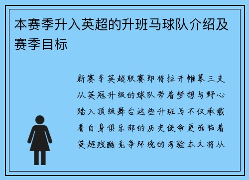 本赛季升入英超的升班马球队介绍及赛季目标